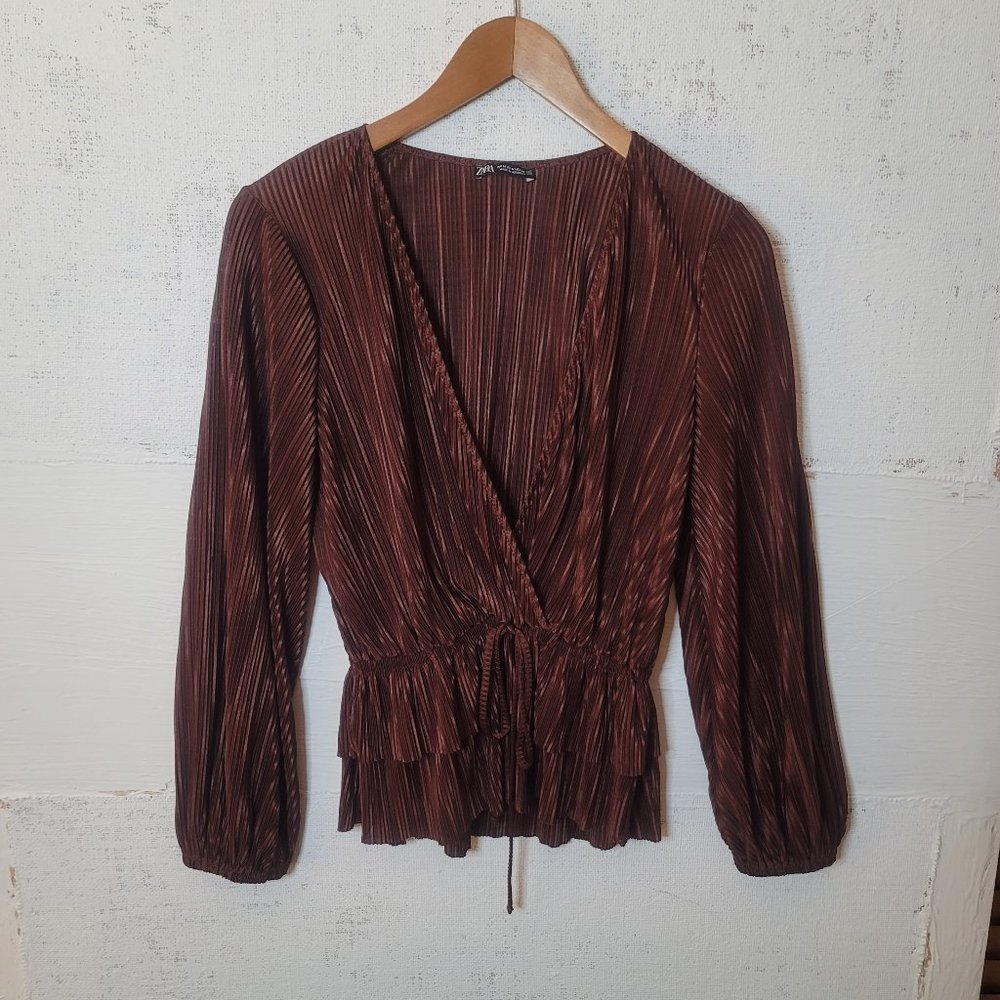Zara Women's Blouse Medium Brown/Rust Pleated V-Neck Long Sleeve Tie Front Top
